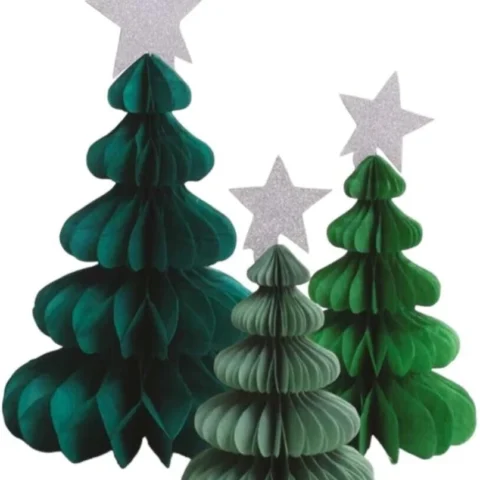 3 honeycomb paper Christmas trees in 3 sizes, 16, 20 and 25 cm