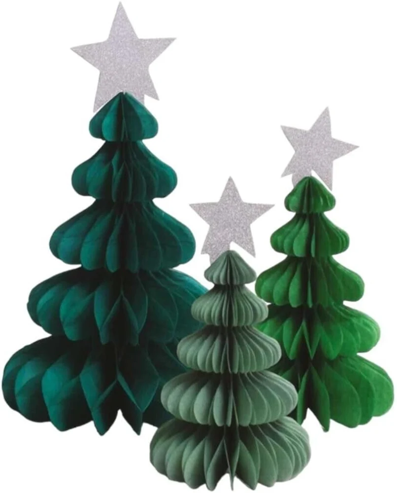 3 honeycomb paper Christmas trees in 3 sizes, 16, 20 and 25 cm