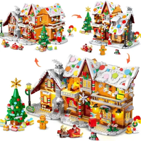 3-in-1 gingerbread house brick set with LED lights, 1,477 pieces