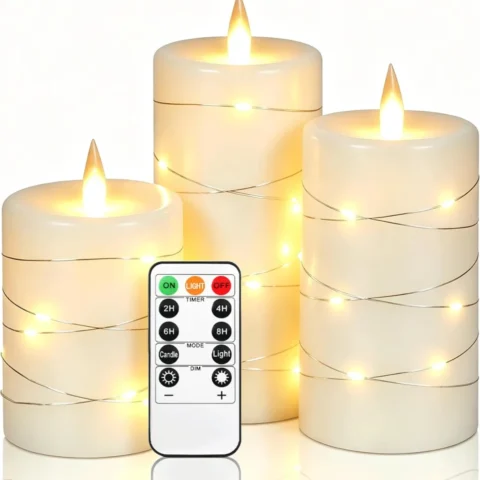 3 ivory flameless LED candles wrapped in fairy lights, with remote