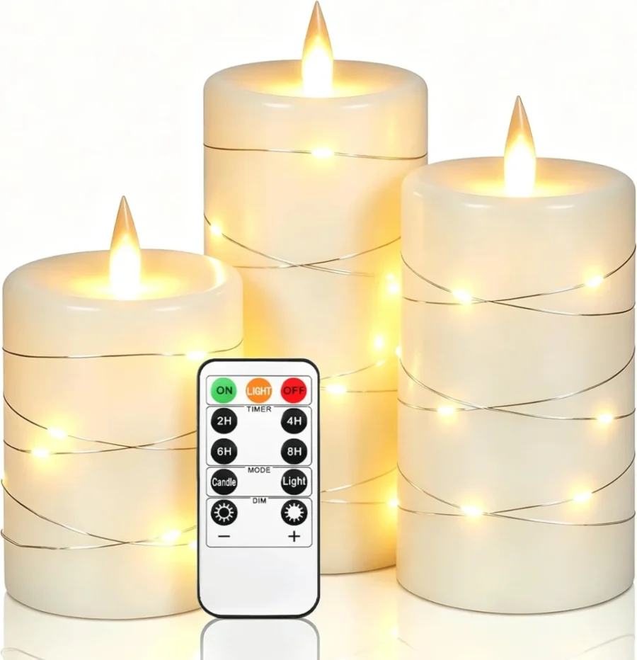 3 ivory flameless LED candles wrapped in fairy lights, with remote