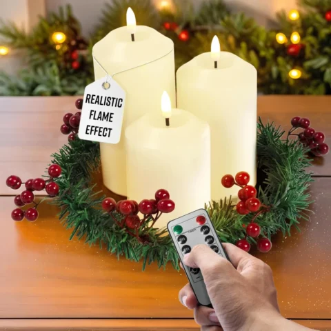 3 ivory flameless LED pillar candles with berry wreath and remote
