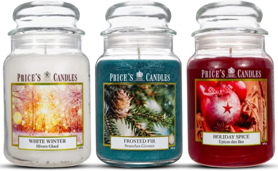 3 large jar candles, fir, spice and winter scents, 450 hours