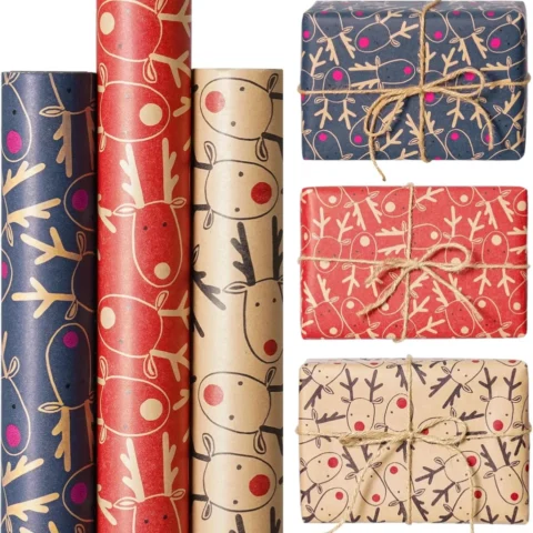 3 rolls of kraft wrapping paper, brown, blue and red, 60 cm x 5 m