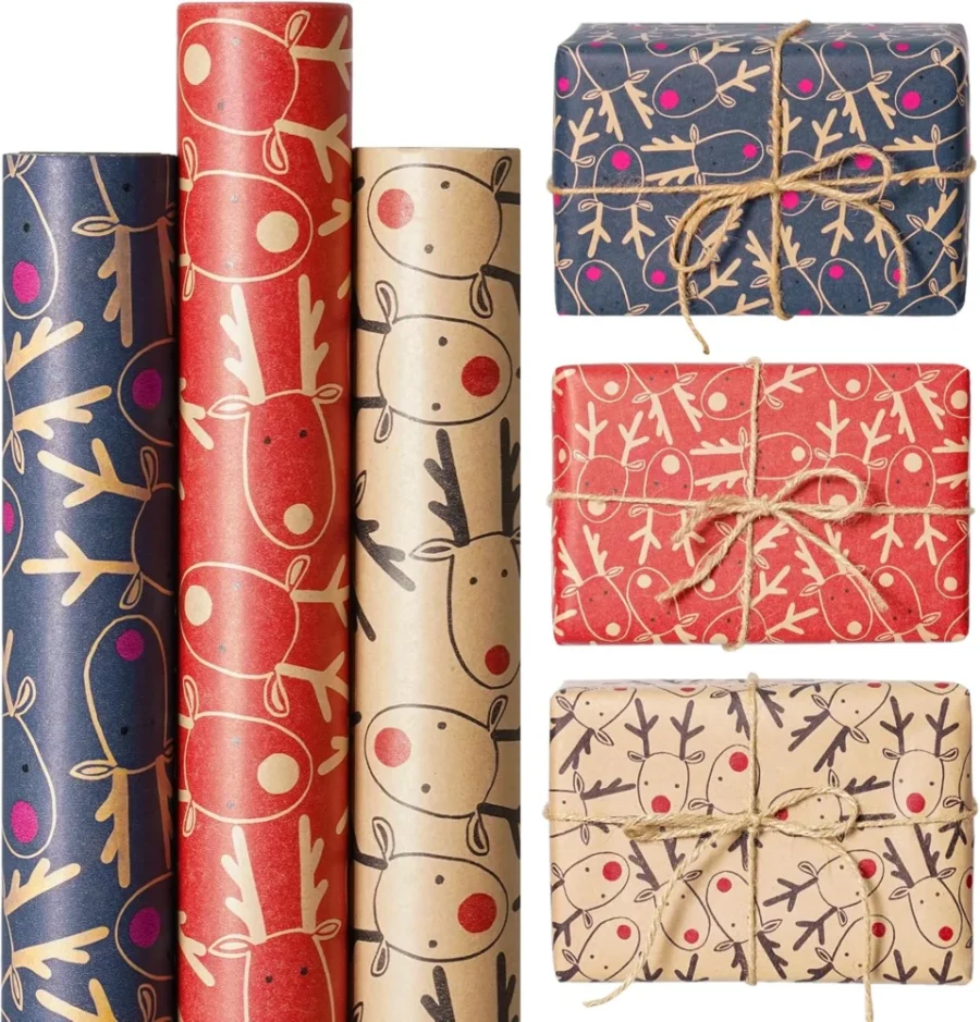 3 rolls of kraft wrapping paper, brown, blue and red, 60 cm x 5 m