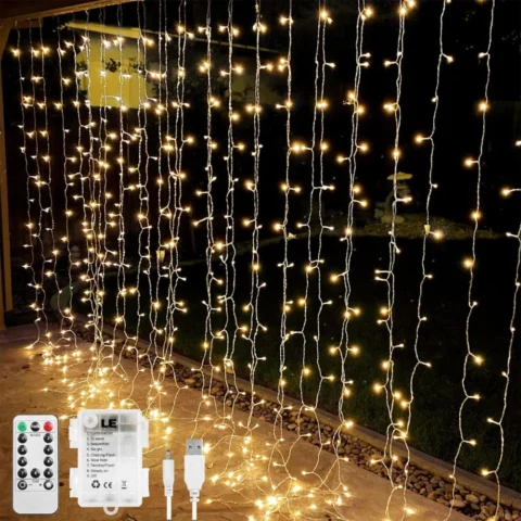3 x 3 m curtain lights, 300 LEDs, battery or USB powered, remote