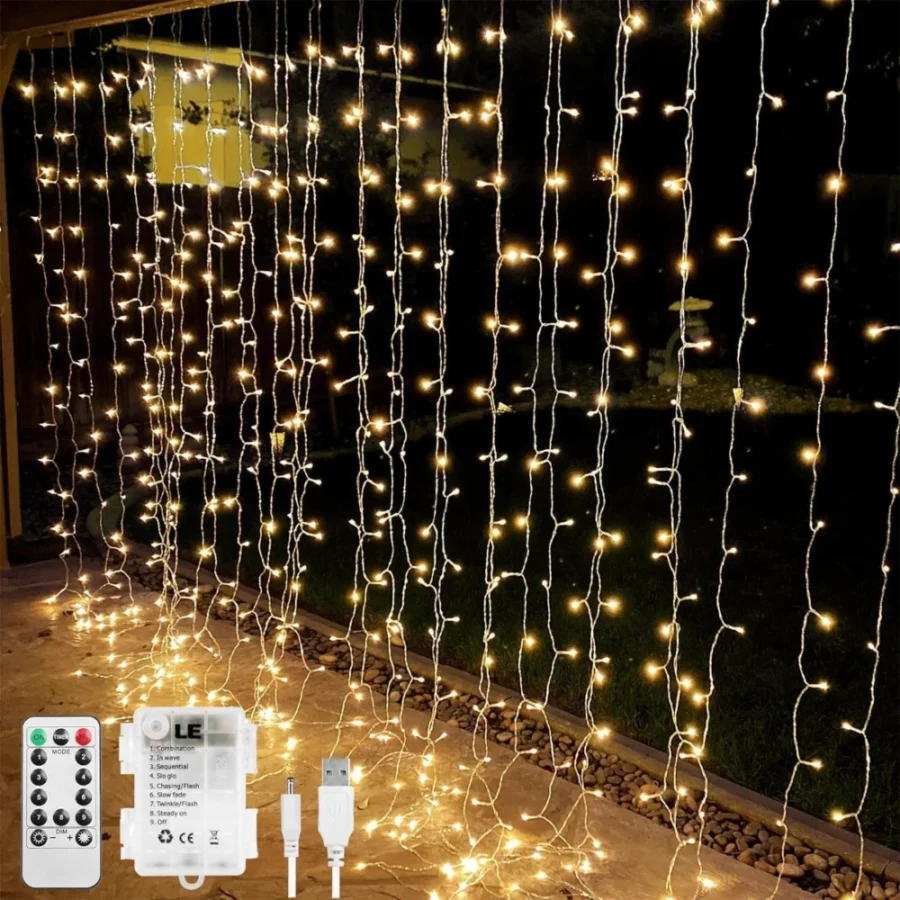 3 x 3 m curtain lights, 300 LEDs, battery or USB powered, remote