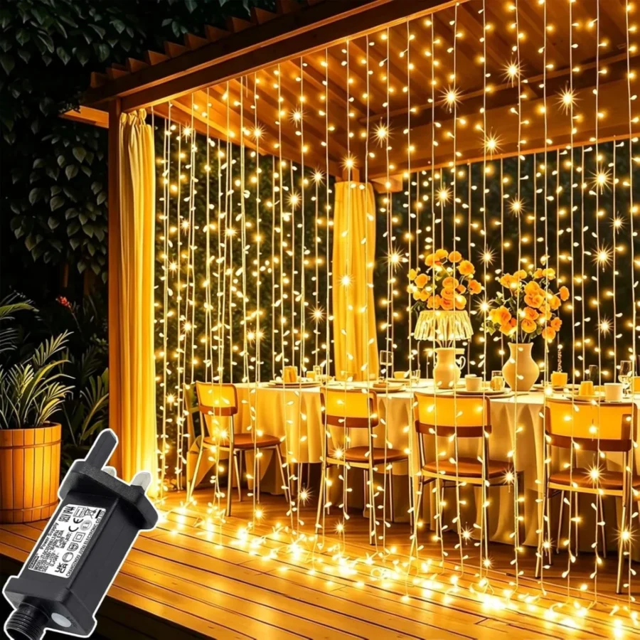 3 x 3 m mains curtain lights, 300 LEDs, connectable up to 4 sets