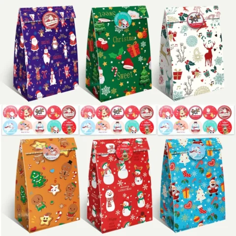 30 Christmas paper party bags with stickers, 6 designs