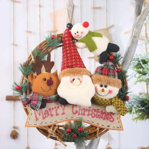30 cm rattan Christmas wreath with elk, Santa and snowman plush dolls