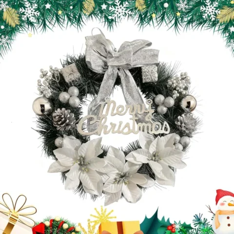 30 cm silver artificial Christmas wreath with flowers and bow