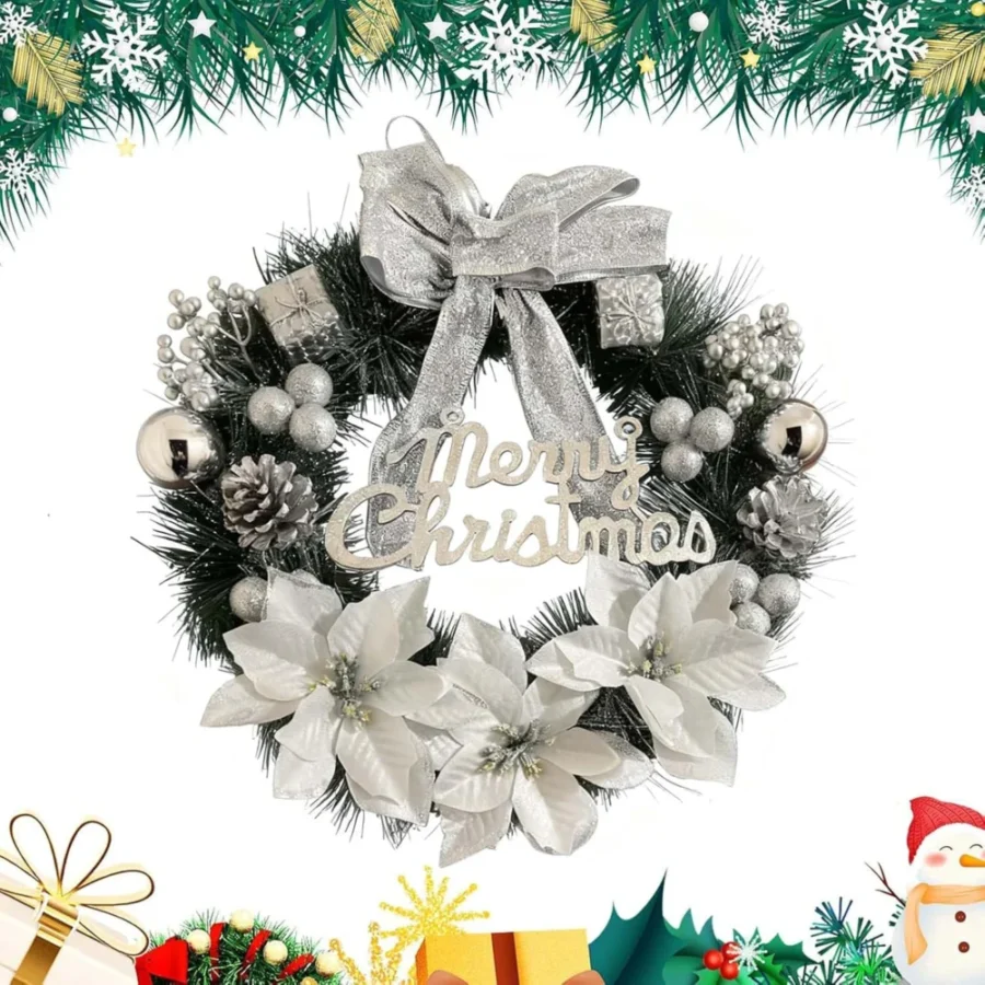 30 cm silver artificial Christmas wreath with flowers and bow
