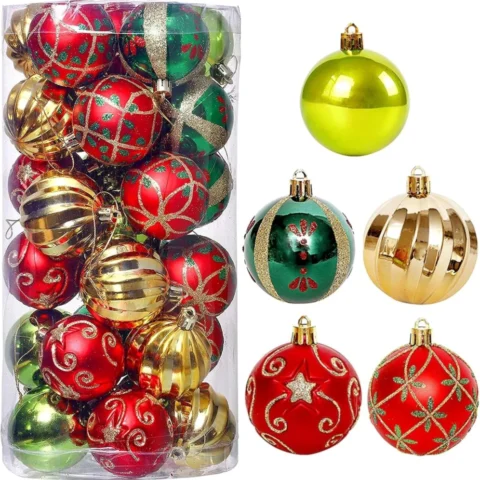 30 gold, red and green baubles in 5 designs, 6 cm, hand painted