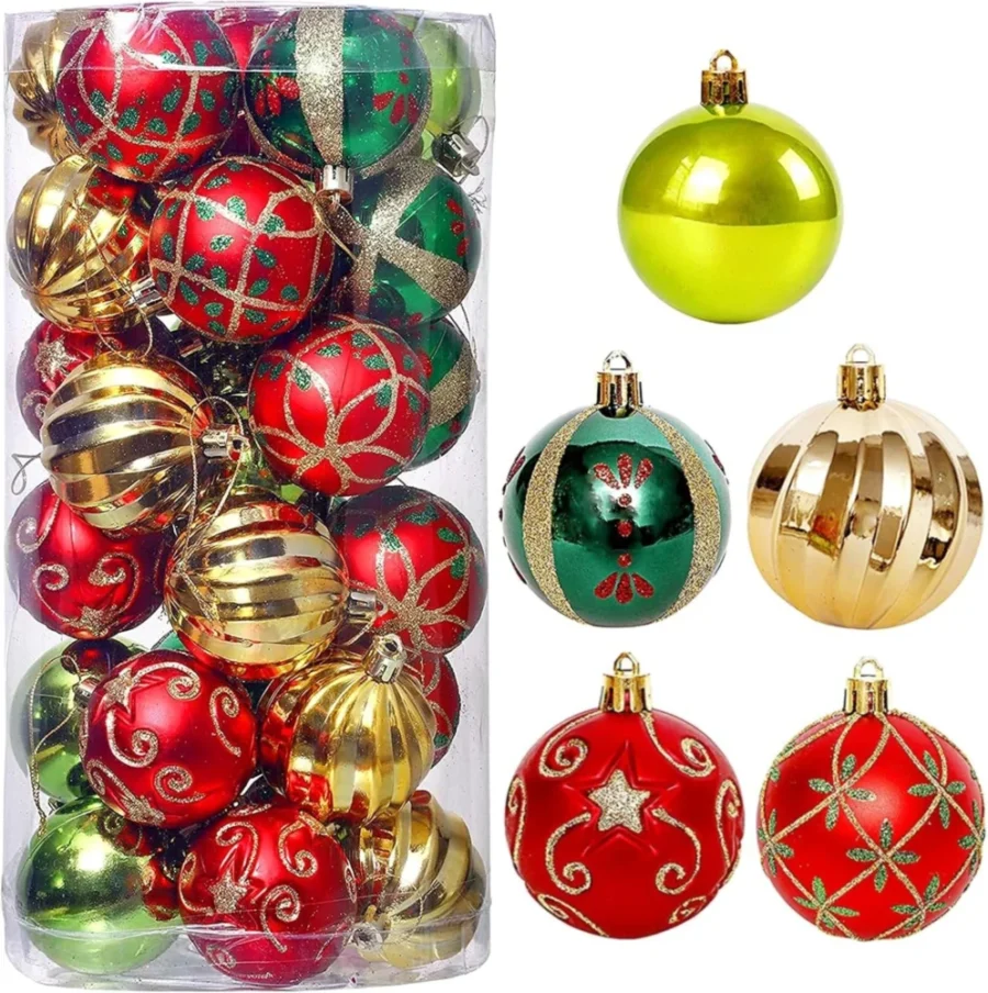 30 gold, red and green baubles in 5 designs, 6 cm, hand painted