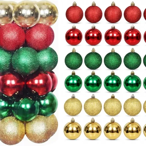 30 red, gold and green shatterproof baubles, 6 cm, 3 finishes