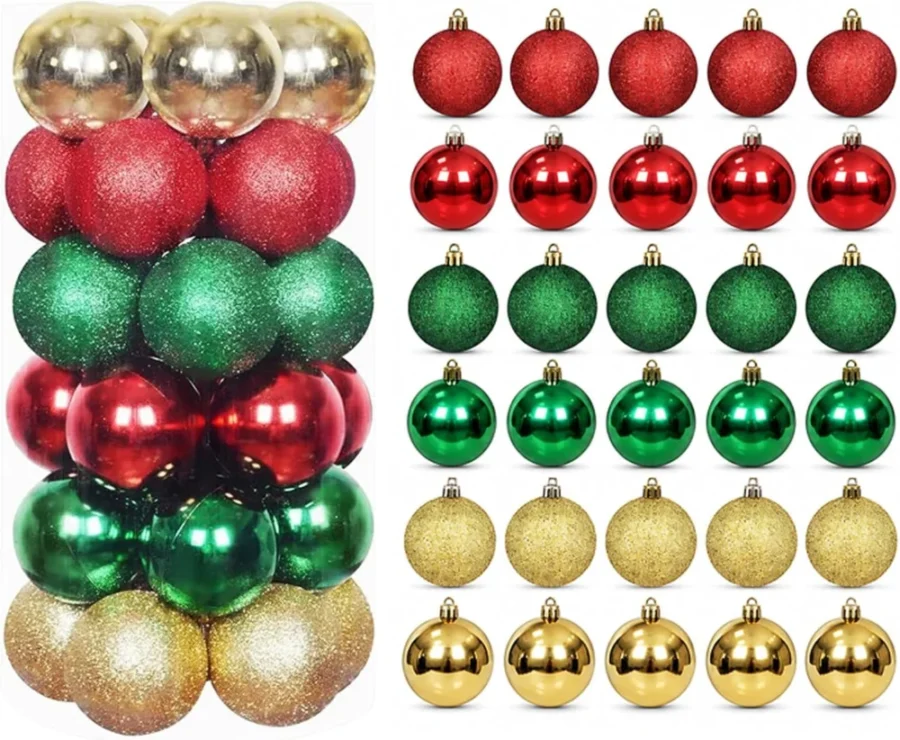 30 red, gold and green shatterproof baubles, 6 cm, 3 finishes