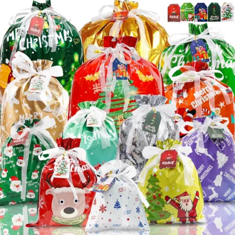 32 drawstring Christmas gift bags in 5 sizes, gold cords, cards