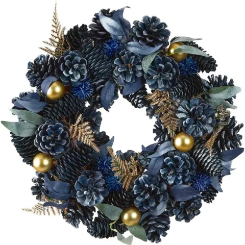 34 cm blue pine cone wreath with gold baubles and fabric leaves