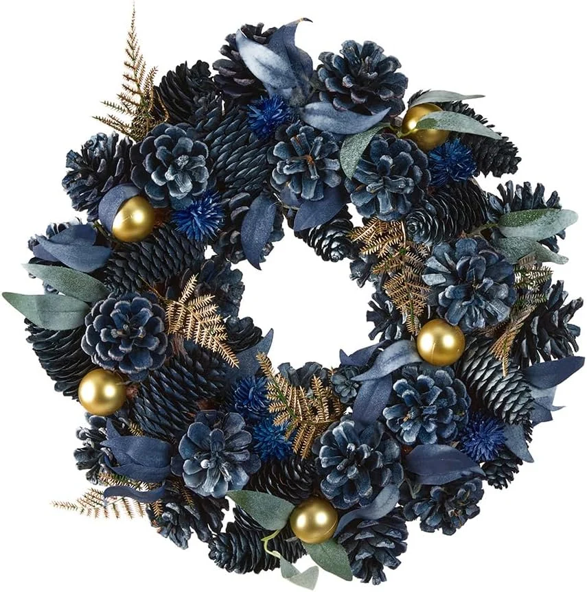 34 cm blue pine cone wreath with gold baubles and fabric leaves