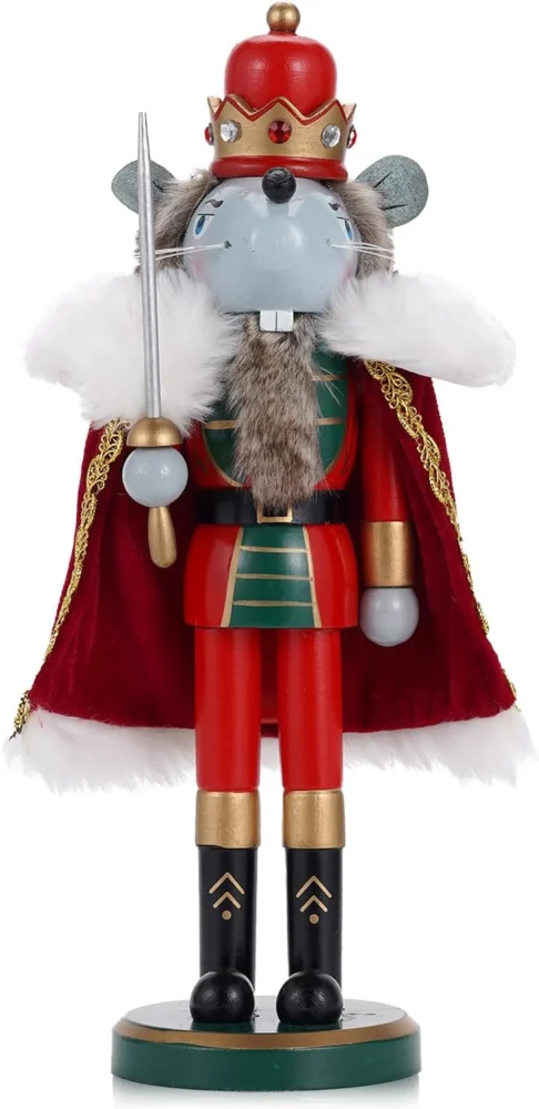 35 cm wooden mouse nutcracker with gold crown and red cloak