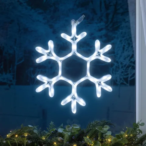 38 cm snowflake rope light for windows, 72 white LEDs, mains powered