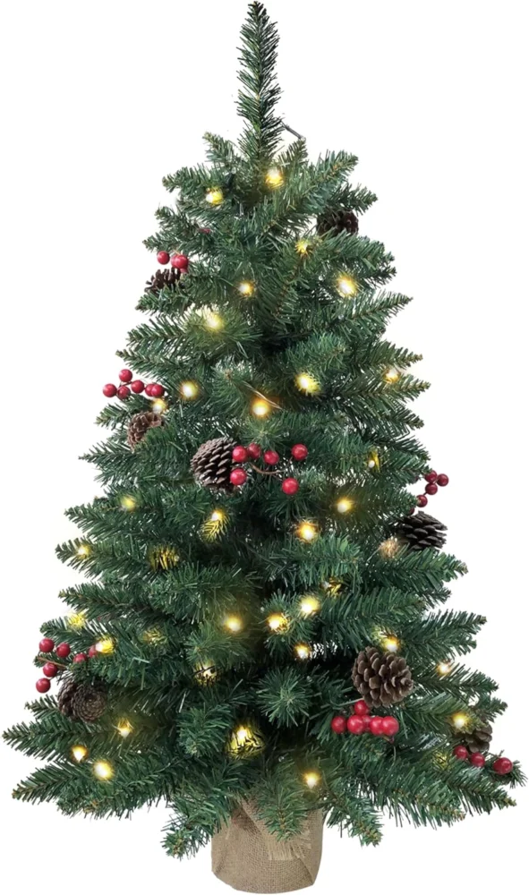 3ft battery pre-lit Christmas tree, 70 LEDs, berries and pine cones