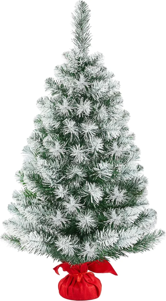 3ft frosted Christmas tree with red cloth-wrapped cement base