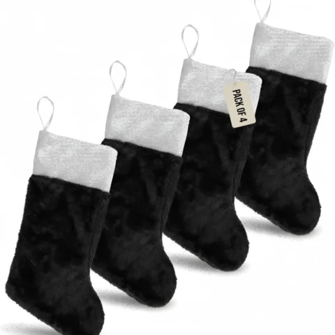 4 black plush fabric Christmas stockings with white cuffs, 18 inch
