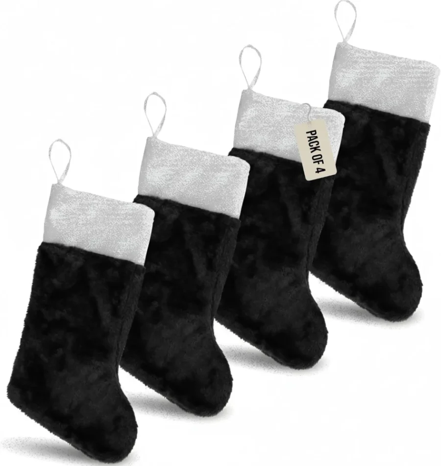 4 black plush fabric Christmas stockings with white cuffs, 18 inch