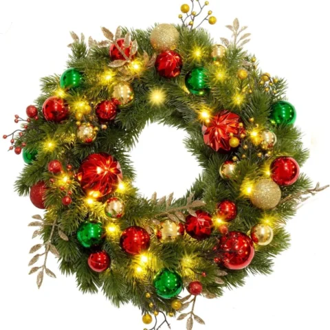 40 cm pre-lit red and gold door wreath, 40 LEDs, battery timer