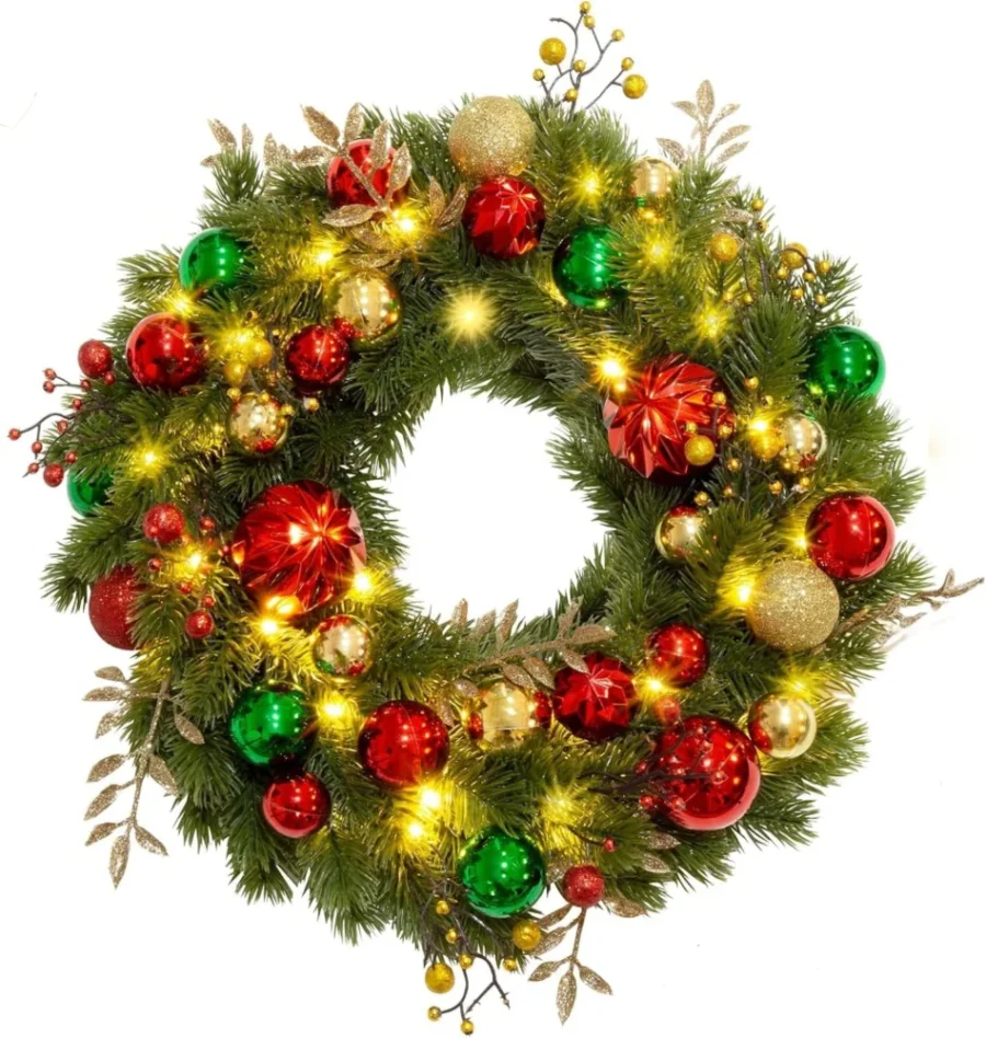 40 cm pre-lit red and gold door wreath, 40 LEDs, battery timer