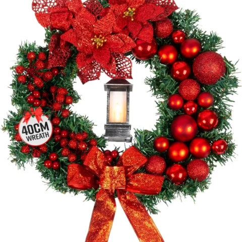 40 cm red Christmas door wreath with bows, baubles and lantern