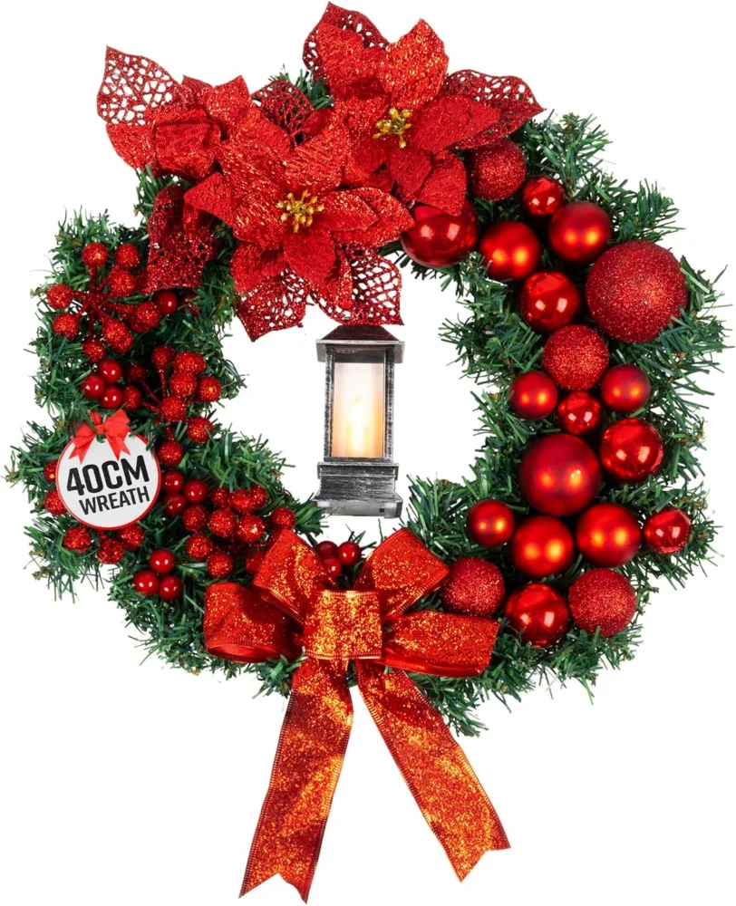 40 cm red Christmas door wreath with bows, baubles and lantern