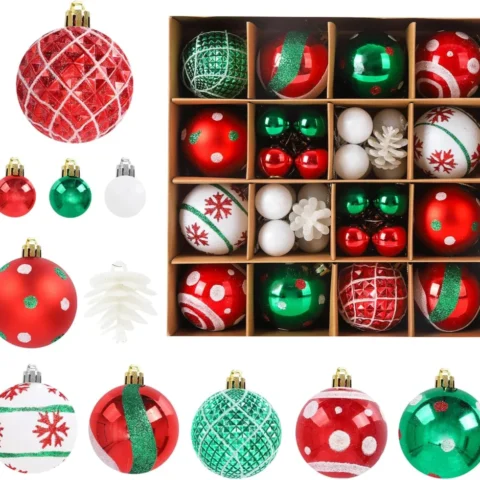 42 red and green painted glitter baubles with detachable hooks