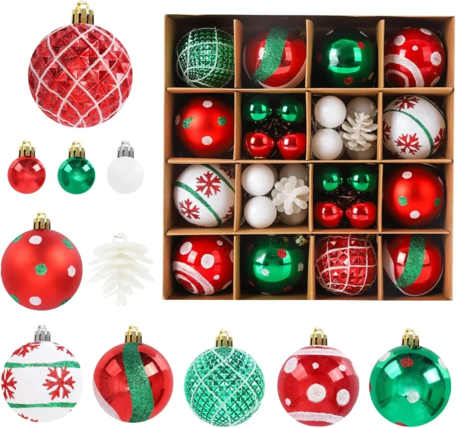42 red and green painted glitter baubles with detachable hooks