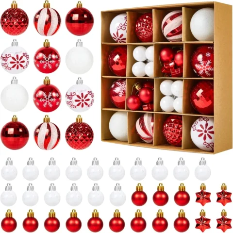 44-piece red and white bauble set with 6 cm and 3 cm sizes