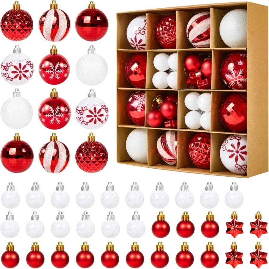 44-piece red and white bauble set with 6 cm and 3 cm sizes