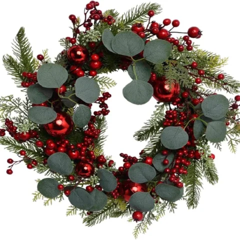 45 cm wreath with red baubles, snowberries, holly and eucalyptus