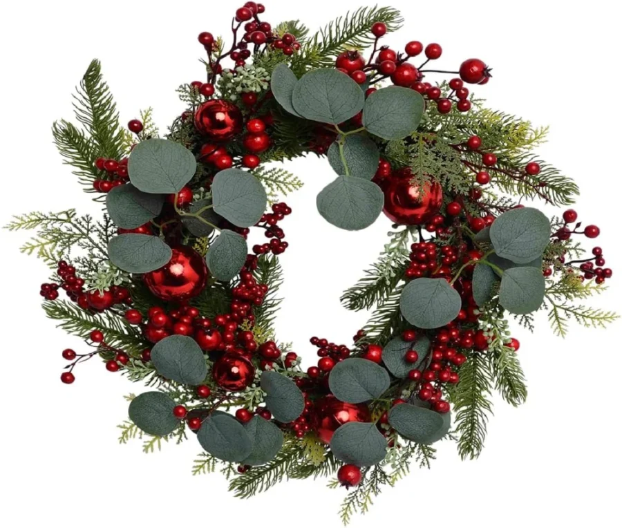 45 cm wreath with red baubles, snowberries, holly and eucalyptus