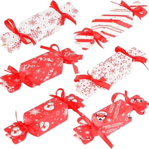 48 small Christmas sweet boxes, 6 designs, with red ribbons