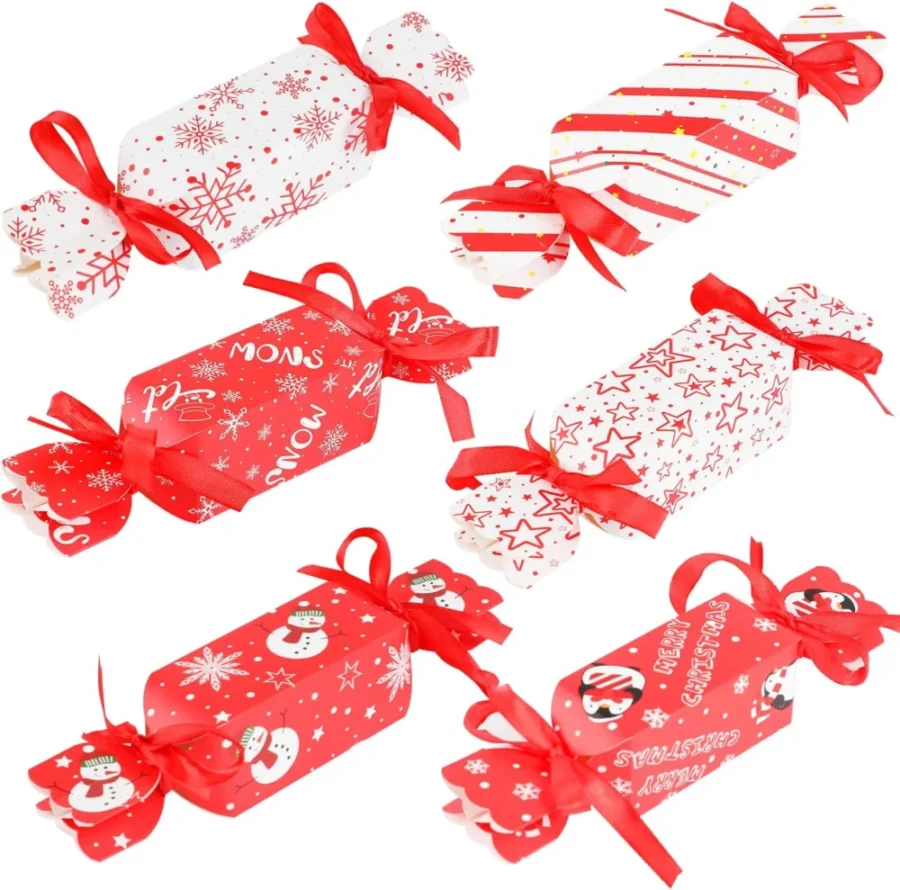 48 small Christmas sweet boxes, 6 designs, with red ribbons