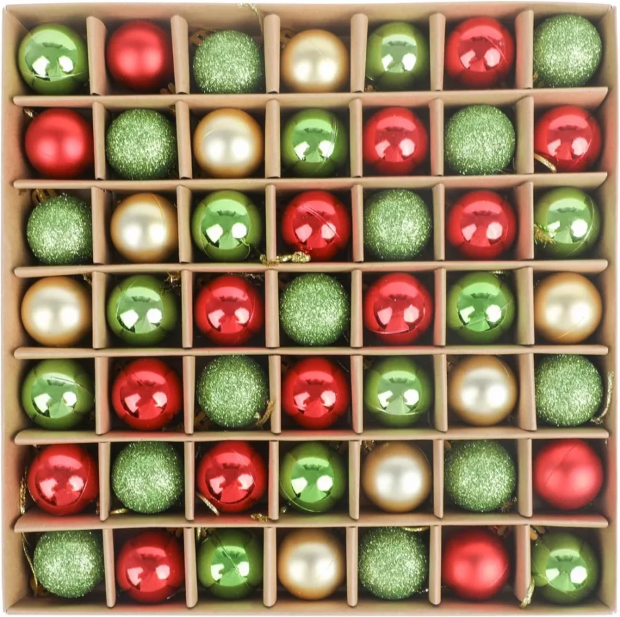 49 mini glitter baubles in red, green and white, about 3 cm
