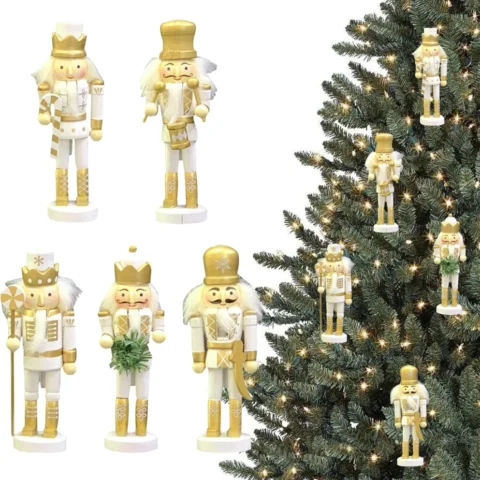 5 gold wooden nutcracker soldier ornaments with hat cords, 13 cm