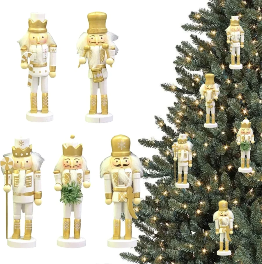 5 gold wooden nutcracker soldier ornaments with hat cords, 13 cm