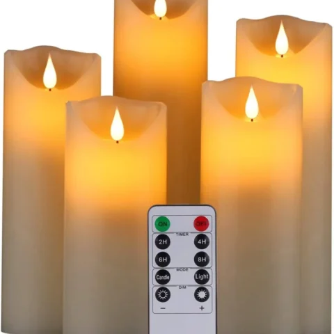 5 ivory flameless pillar candles, 10 to 20 cm, remote and timer