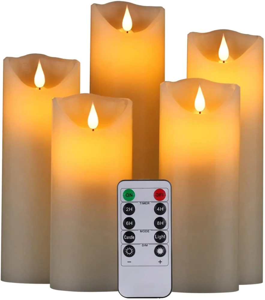 5 ivory flameless pillar candles, 10 to 20 cm, remote and timer