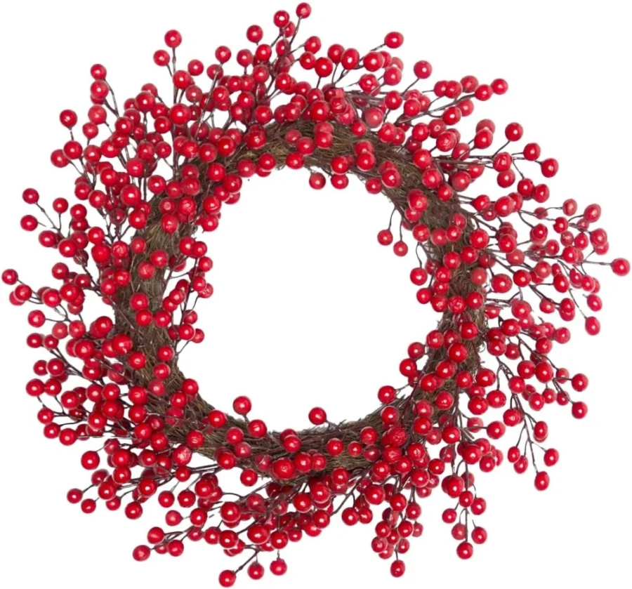 50 cm rattan and iron Christmas wreath with red berries