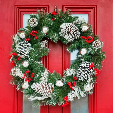 50 cm snow-covered Christmas wreath with berries and baubles