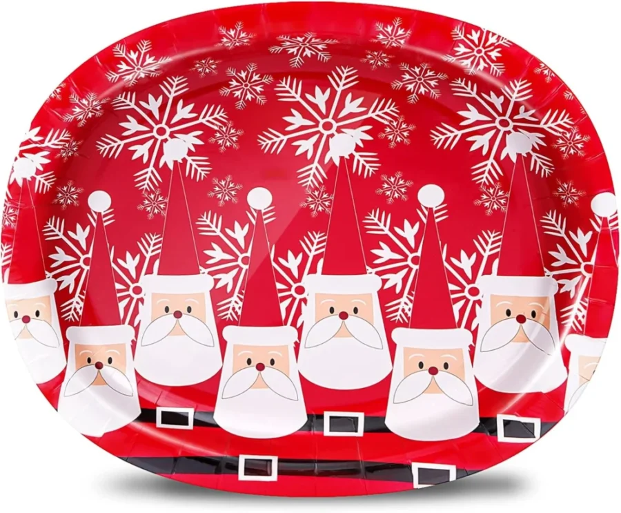 50 oval red Christmas paper plates with Santa, 32 x 25 cm
