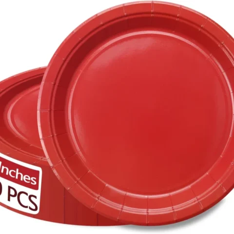 50 plain red round paper plates, 23 cm (9 in), matte finish